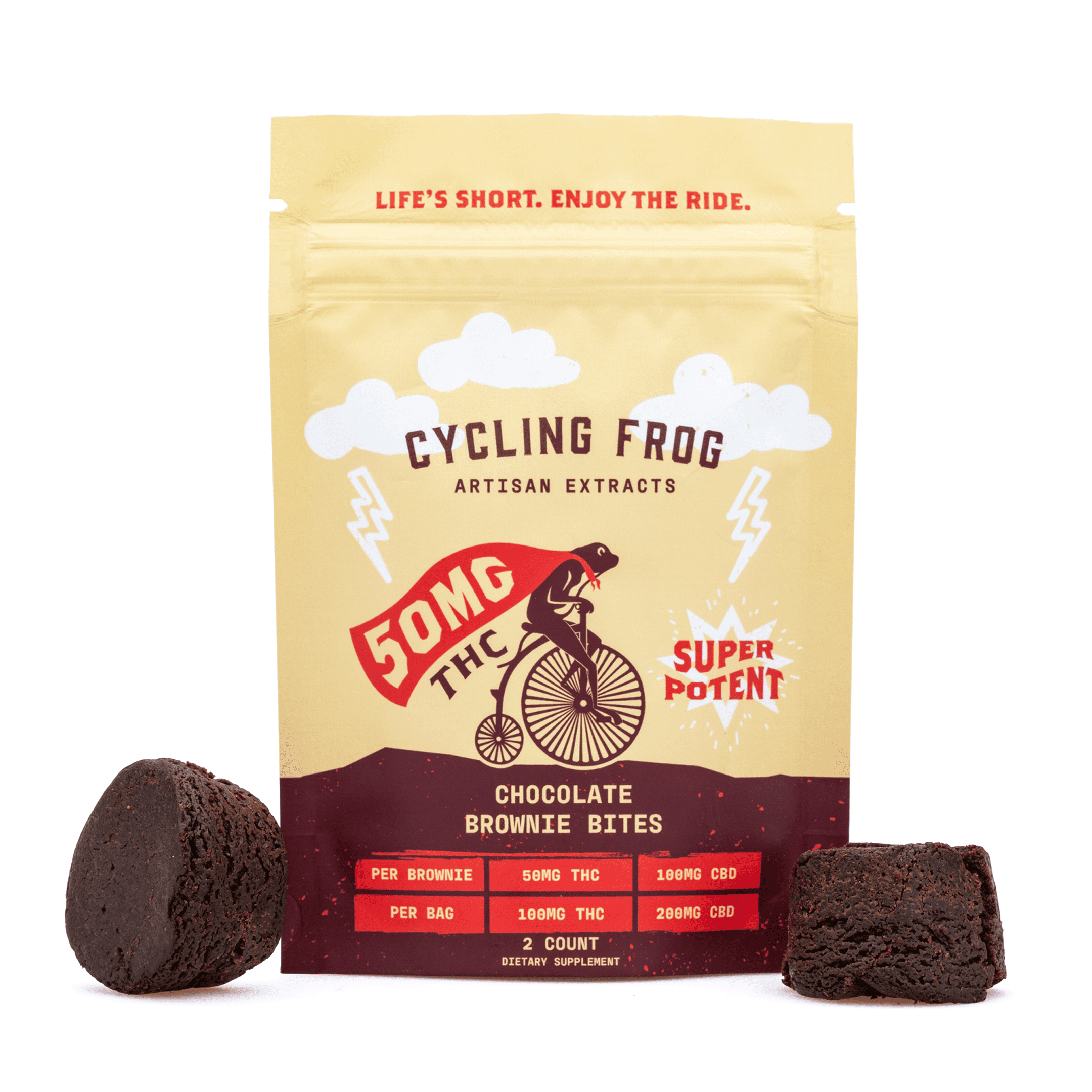 Cycling Frog THC + CBD Chocolate Brownie Bites – 2 ct (100 mg Delta 9 THC + 200 mg CBD Total)