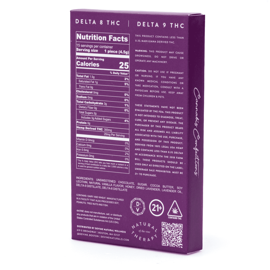 DeVINE Naturals Delta 8 and Delta 9 THC Cannabis Confections Chocolate Bar – Purple Haze - Image 3